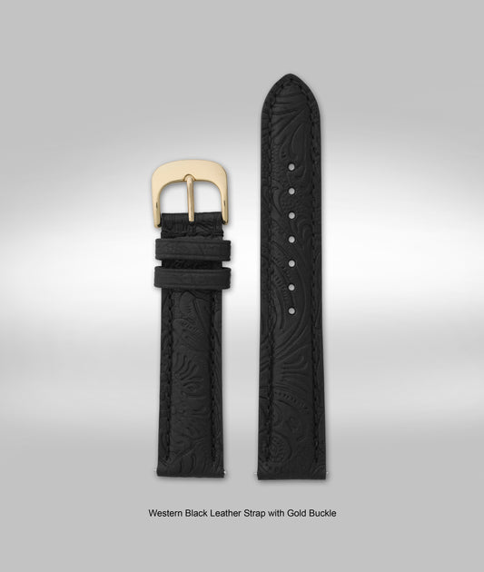 20mm Western Black Leather Strap w/Gold Buckle